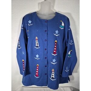 Quacker Factory Royal Blue Cardigan Sweatshirt Nautical Lighthouse Boats Sz 2X